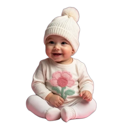 hat, photorealistic, 3d render, oil painting, baby, wearing, white, knitted transparent PNG cut-out