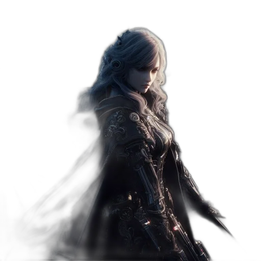 weapon, face, dress, jacket, concept art, fantasy art, 3d render, pixel art transparent PNG cut-out