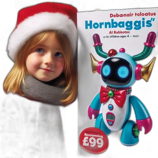 robot, young, girl, wears, santa, hat, while, standing transparent PNG cut-out