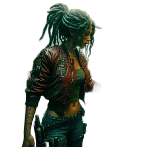 jacket, concept art, cyberpunk, comic book art, fantasy art, dark, green, earth tones transparent PNG cut-out