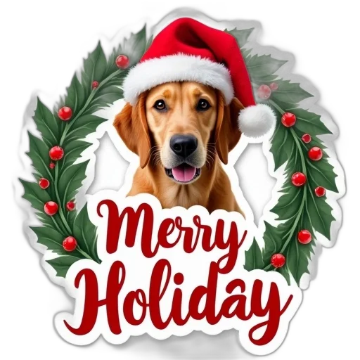 stickers, design, dog, santa, hat, wreath, holiday, message transparent PNG cut-out
