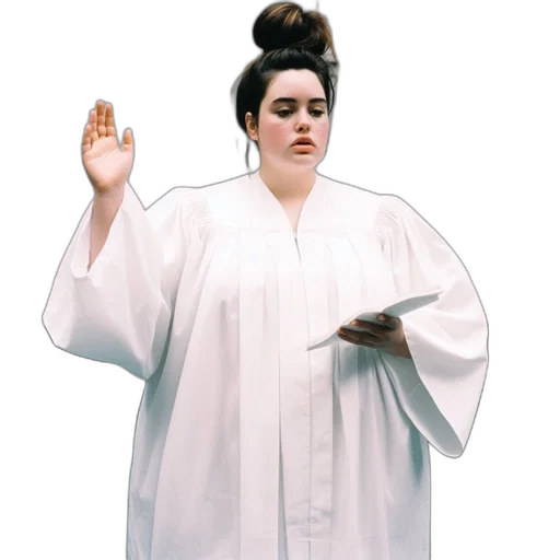 staff, jacket, dress, woman, white, robe, stands, near transparent PNG cut-out