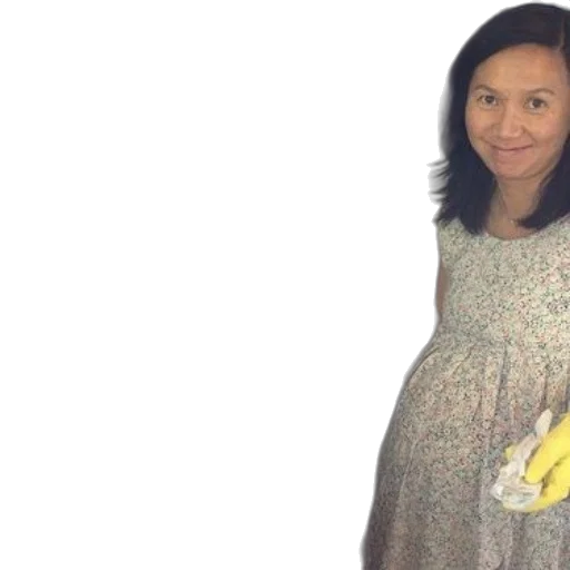 dress, pregnant, woman, wearing, yellow, gloves, stands, kitchen transparent PNG cut-out