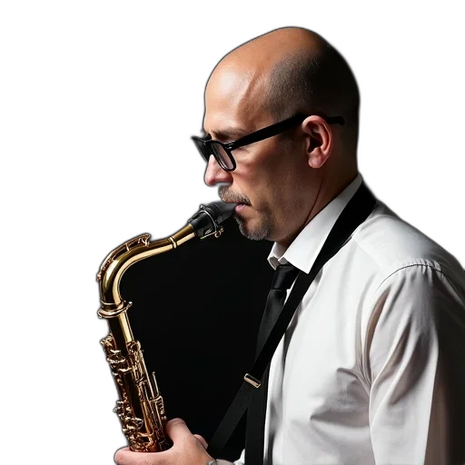 staff, man, glasses, playing, saxophone, wearing, white, shirt transparent PNG cut-out