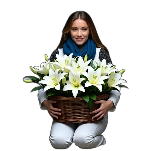flower, crown, face, staff, photorealistic, 3d render, person, kneeling transparent PNG cut-out