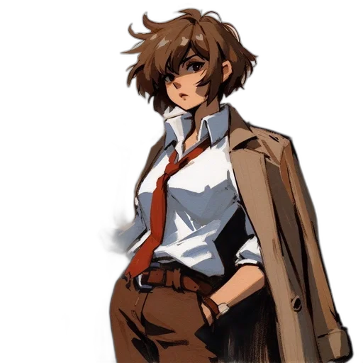 jacket, staff, concept art, pixel art, anime, cartoon, earth tones, dark transparent PNG cut-out