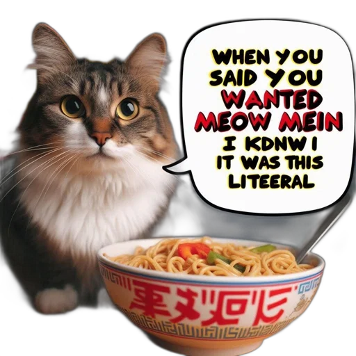 food, animal, cat, wearing, white-and-brown, fur, coat, sits transparent PNG cut-out