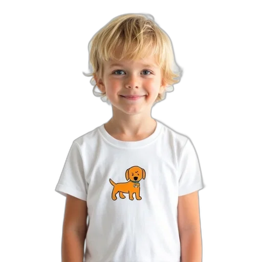 young, boy, blonde, hair, wearing, white, t-shirt, small transparent PNG cut-out