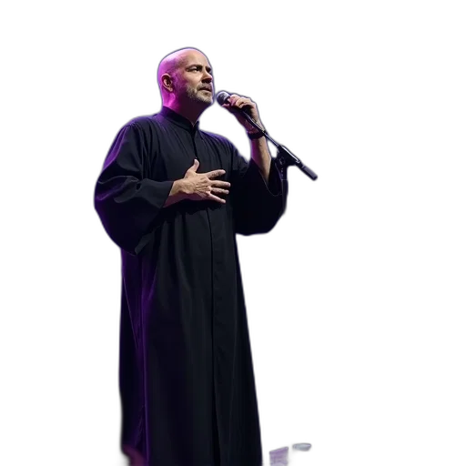jacket, staff, man, bald, head, standing, stage, wearing transparent PNG cut-out