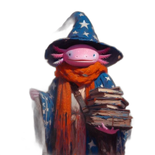 hat, staff, creature, dragon, concept art, fantasy art, 3d render, oil painting transparent PNG cut-out
