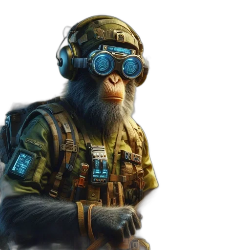 concept art, 3d render, fantasy art, cyberpunk, chimpanzee, tactical, gear, wields transparent PNG cut-out