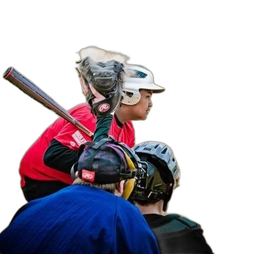 staff, hat, weapon, mask, baseball, player, red, shirt transparent PNG cut-out