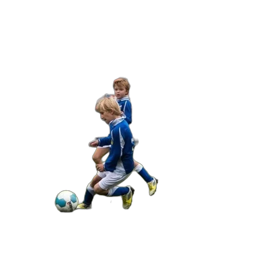 young, boy, blue, soccer, uniform, kicks, ball, during transparent PNG cut-out