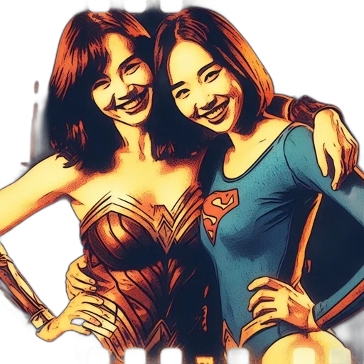 comic book art, cartoon, concept art, photorealistic, two, female, characters, one transparent PNG cut-out