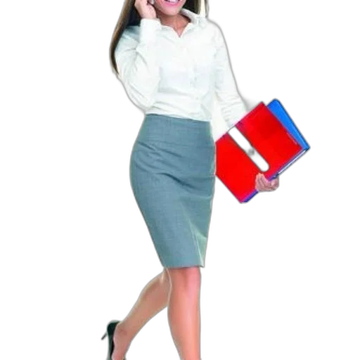 staff, dress, woman, white, blouse, gray, skirt, black transparent PNG cut-out