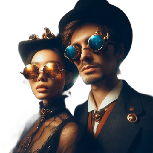 hat, staff, jewelry, photorealistic, concept art, cyberpunk, two, individuals transparent PNG cut-out