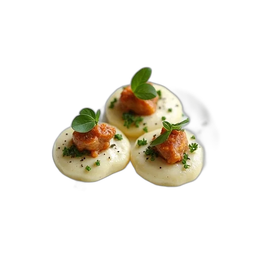 food, plate, three, identical, dishes, piece, meat, dollop transparent PNG cut-out