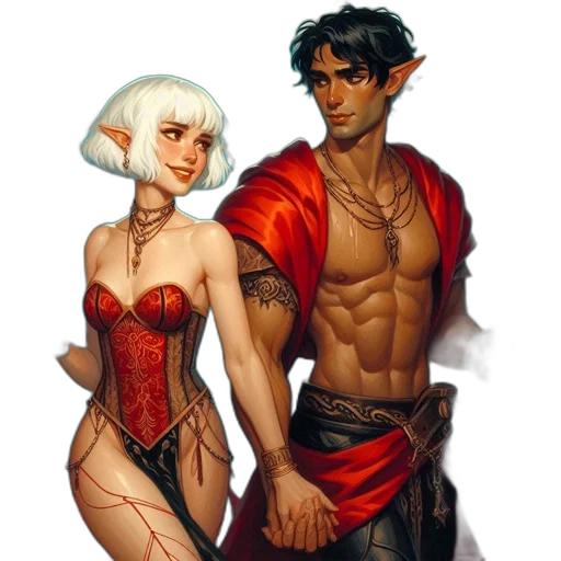 fantasy art, concept art, comic book art, pixel art, fire, red, two, elves transparent PNG cut-out