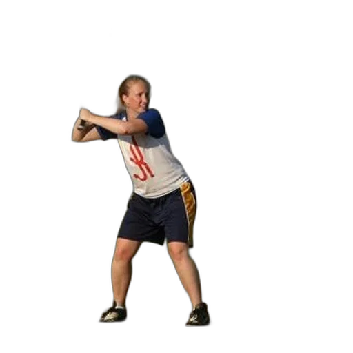 staff, weapon, girl, white, shirt, red, letters, blue transparent PNG cut-out