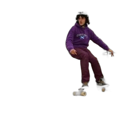 jacket, person, purple, hoodie, maroon, pants, skateboards, around transparent PNG cut-out