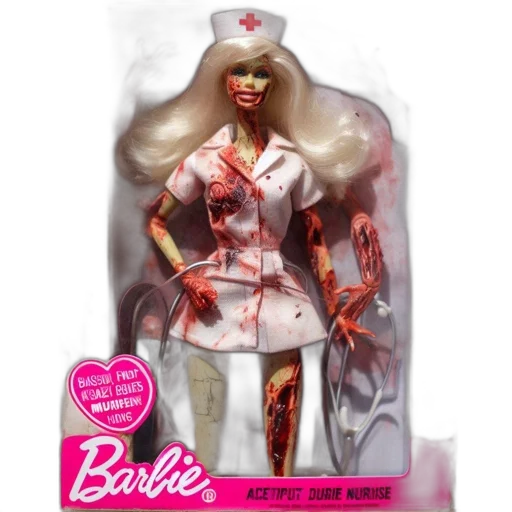 concept art, comic book art, unusual, twist, barbie, doll, portrayed, traumatized transparent PNG cut-out