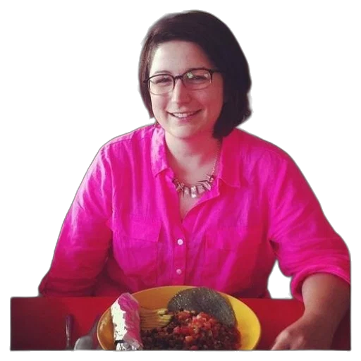 staff, food, jewelry, jacket, woman, pink, shirt, sits transparent PNG cut-out