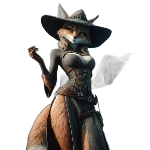staff, hat, dress, animal, concept art, fantasy art, 3d render, comic book art transparent PNG cut-out
