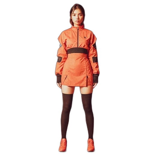 jacket, dress, cyberpunk, concept art, neon, monochrome, woman, stands transparent PNG cut-out
