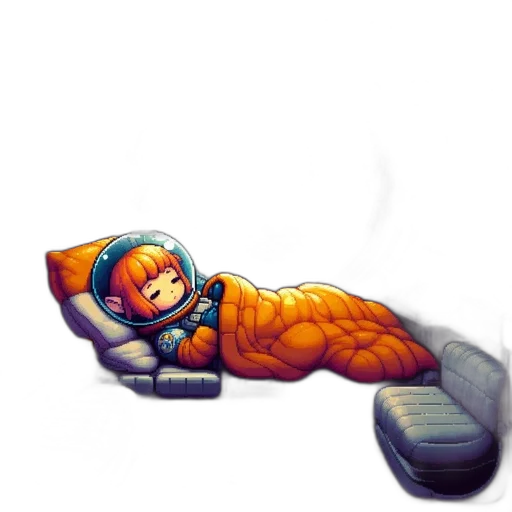 robot, pixel art, concept art, comic book art, fantasy art, astronaut, sleeps, tech-filled transparent PNG cut-out