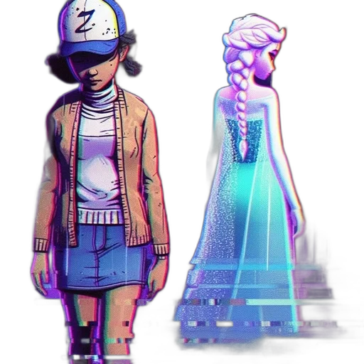 dress, jacket, hat, concept art, cyberpunk, pixel art, vaporwave, neon lights transparent PNG cut-out