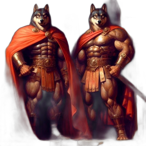 concept art, fantasy art, comic book art, 3d render, red, two, anthropomorphic, wolves transparent PNG cut-out