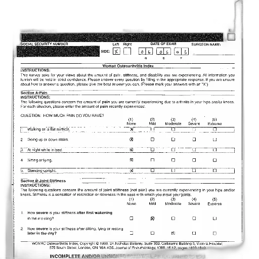 womac, osteoarthritis, index, form, sections, pain, joint, stiffness transparent PNG cut-out