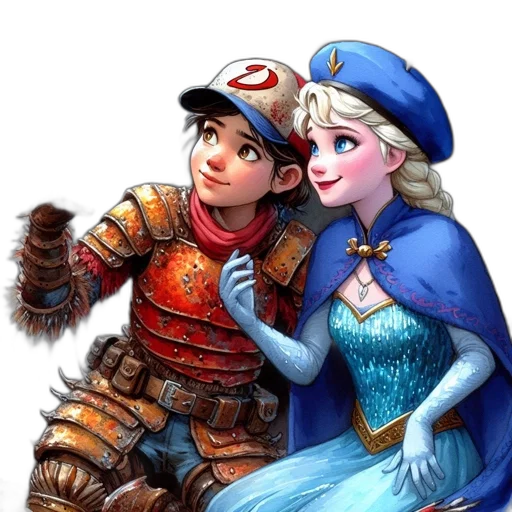 fantasy art, concept art, comic book art, pixel art, snow, blue, two, characters transparent PNG cut-out