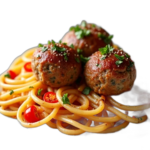 food, photorealistic, 3d render, plate, spaghetti, meatballs, garnished, chopped transparent PNG cut-out
