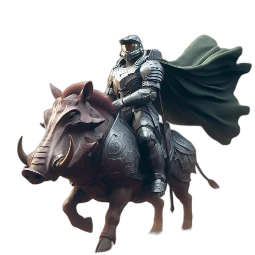 concept art, fantasy art, 3d render, photorealistic, futuristic, knight, rides, red-hued transparent PNG cut-out