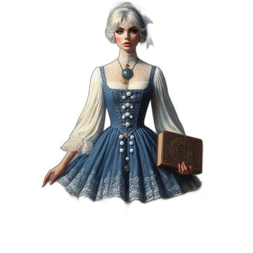 dress, staff, jewelry, fantasy art, concept art, 3d render, pixel art, blue transparent PNG cut-out