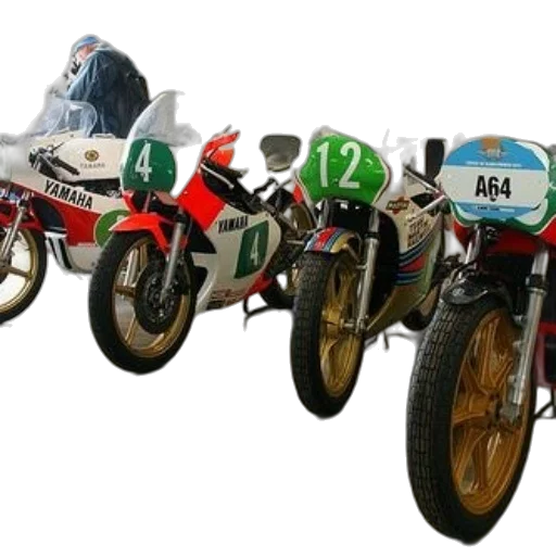 3d render, four, yamaha, motorcycles, numbered, stickers, green, red transparent PNG cut-out