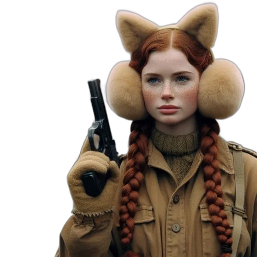 jacket, hat, animal, weapon, concept art, 3d render, photorealistic, red-haired transparent PNG cut-out