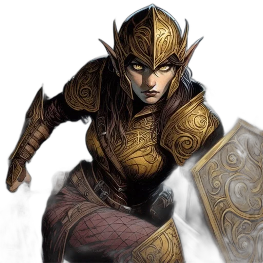 sword, fantasy art, concept art, comic book art, 3d render, golden, earth tones, female transparent PNG cut-out