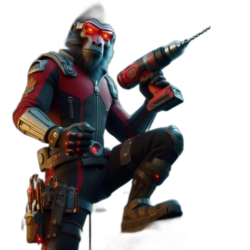 weapon, robot, mask, jacket, concept art, cyberpunk, 3d render, pixel art transparent PNG cut-out