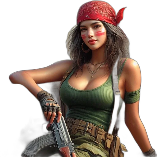 weapon, hat, concept art, fantasy art, photorealistic, pixel art, woman, military-style transparent PNG cut-out