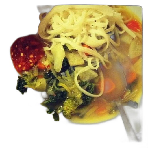 food, photorealistic, 3d render, bowl, soup, noodles, vegetables, spoon transparent PNG cut-out