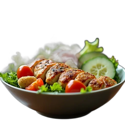 food, 3d render, photorealistic, bowl, salad, grilled, chicken, croutons transparent PNG cut-out