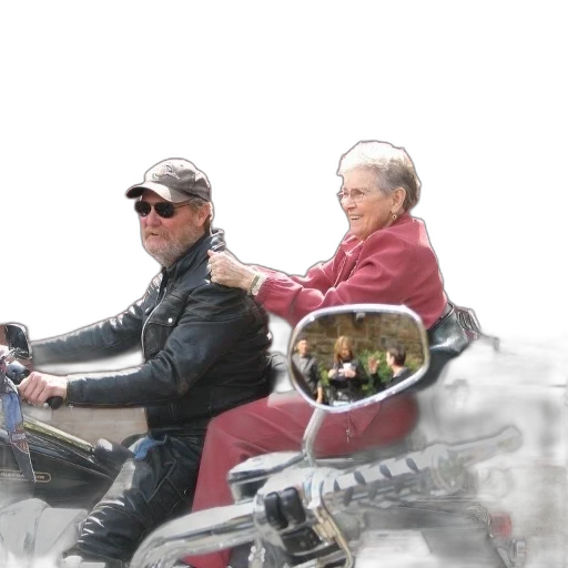 photorealistic, concept art, older, couple, motorcycle, woman, wearing, red transparent PNG cut-out
