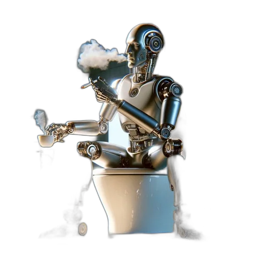 robot, 3d render, concept art, sits, bathroom, smoking, holding, cup transparent PNG cut-out