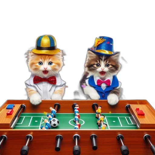 staff, two, kittens, dressed, sit, table, playing, foosball transparent PNG cut-out