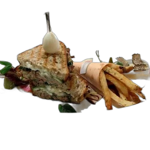 food, photorealistic, 3d render, plate, sandwich, fries, glass, water transparent PNG cut-out
