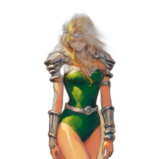 dress, concept art, fantasy art, comic book art, pixel art, green, earth tones, golden transparent PNG cut-out