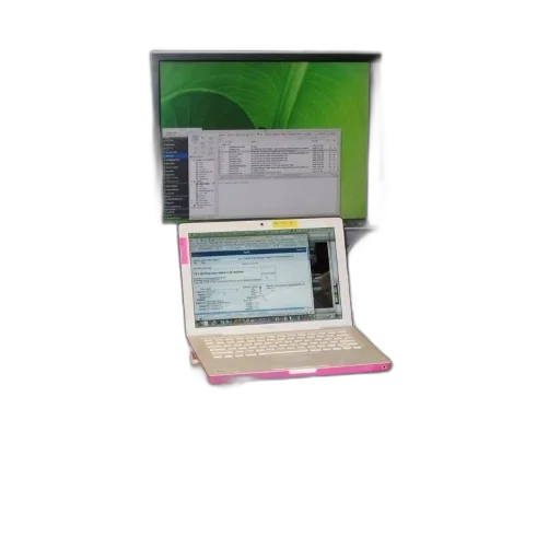 staff, desk, three, monitors, one, laptop, keyboard, touchpad transparent PNG cut-out