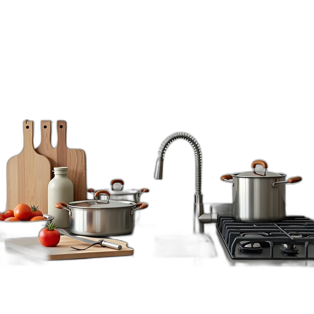 3d render, photorealistic, sleek, modern, stainless, steel, kitchen, countertop transparent PNG cut-out